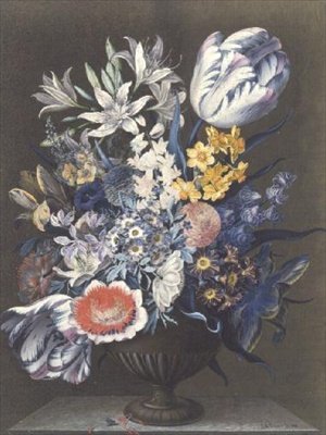 大理石のテーブルに置かれた花の壷 作： J.A. Simson