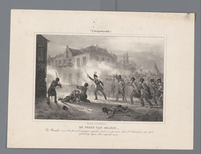 ラヴェルで軍隊を率いるオラニエ公、1831年 Ravels で馬から降りたオラニエ公は、敵に対して第 18 師団の第 2 大隊を率いる / (1831 年 8 月 3 日) (オブジェクトのタイトル) 戦いの 7 つのプレート o 作： J.B. Clermans