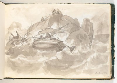 岩が多い海岸の難破船。 何人かの男性が岩の上に立って見ています 作： Johan Christian Dahl