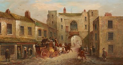 コーチと馬がいる北からのセントジョンズゲート、1880年 作： J.C. Maggs