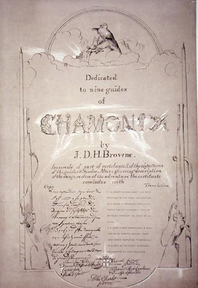 1853年に出版されたJ.D.H.ブラウンの「モンブランの最後の登攀における10のシーンと頂上からの5つの景色」から、遠征したシャモニーの9人のガイドに捧げる（リトグラフ版） 作： J.D.H. Browne