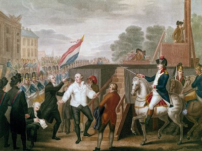 フランス革命。"King Louis XVI with his confessor Edgeworth on 21/01/1793" 足場に上がる王。J. F. Cazenave (1770-?)によるイラスト 1793年 作： J.F. Cazenave