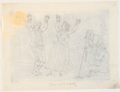 ファンダンゴを踊る男女。 ギターを弾く若者とそれを見つめる老婆 作： J.F. Clemens