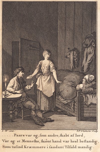 Peder Paars と Per Ruus の居間に入るコックのマルテ 作： J.F. Clemens