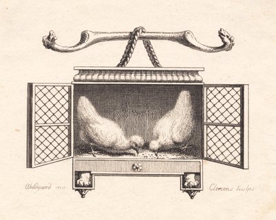 穀物を拾う 2 羽の鶏を描いたビネット 作： J.F. Clemens