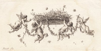 スクロールした葉とリボンのビネット 作： J.F. Clemens