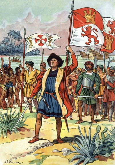 1492年：クリストファー・コロンブス、スペイン国旗を掲げてアメリカ大陸に到着 作： J.L Beuzon (fl.1880 1940)