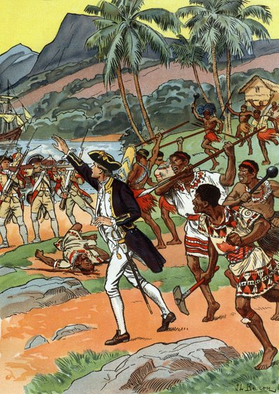 ハワイでジェームズ・クックが現地人に殺される 作： J.L Beuzon (fl.1880 1940)