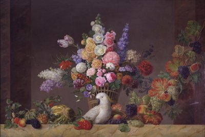 花のバスケット、オウム、果物のつる 作： J.L. Camradt