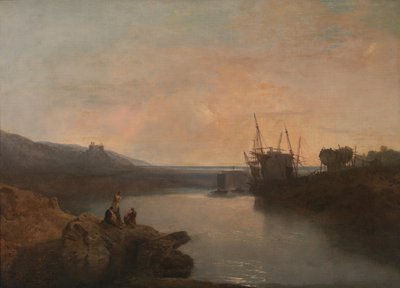 タイグウィンフェリーから見たハーレフ城、夏の夕方の黄昏、1799年。 作： Joseph Mallord William Turner