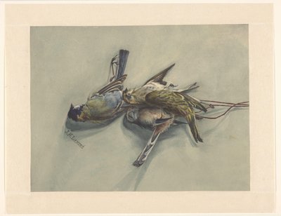 3羽の死んだ鳥のある静物 作： J.N. Landré (signed by artist)