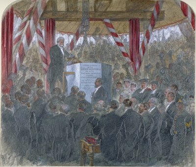 1867年6月3日、シティ・オブ・ロンドンのホルボーン・バイアダクトの主石を据える様子 作： JP