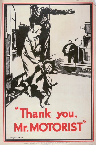 「Thank You Mr Motorist」、ロンドン カウンティ カウンシル LCC トラムウェイのポスター、1932 年 作： JS Anderson