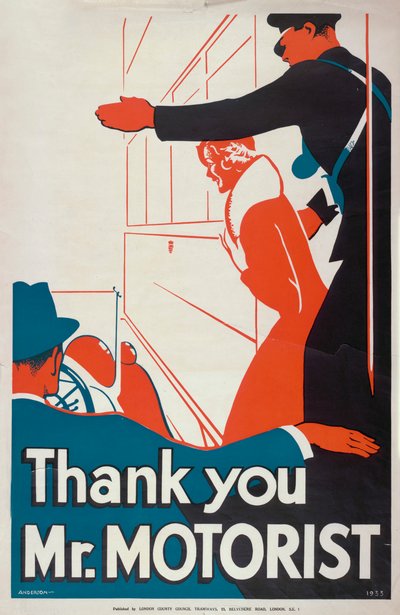 「Thank You Mr Motorist」、ロンドン カウンティ カウンシル LCC トラムウェイのポスター、1933 年 作： JS Anderson