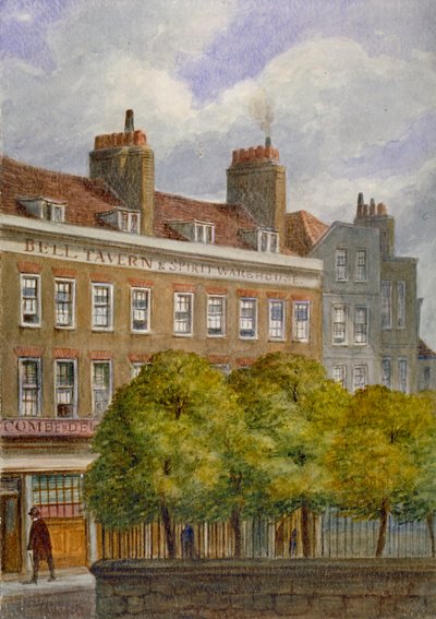 1870年、ロンドン市アルドゲートのチャーチ・ロウにあるベル・タバーンの眺め。                                   作： JT Wilson