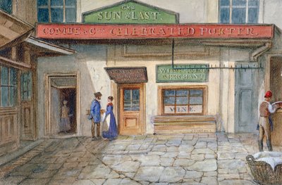 ニューゲート・マーケットの太陽と最後の宿の眺め、パターノスター・スクエア、シティ・オブ・ロンドン、1867年 作： JT Wilson
