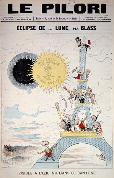 1889年のフランス選挙とブーランジェ将軍に関する「Le Pilori」の表紙（1889年7月28日、カラーリトグラフ版） 作： J.  Blass