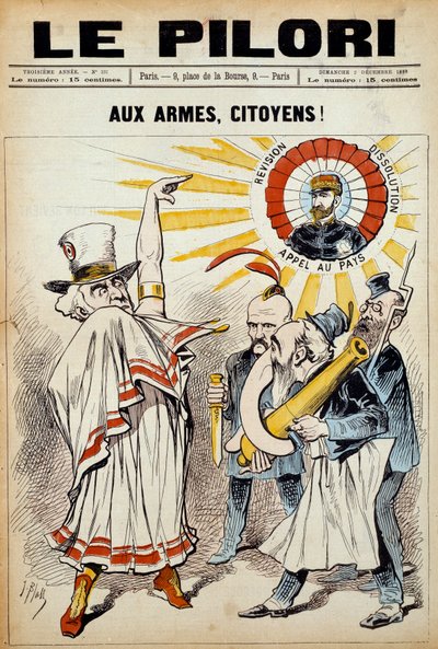 新聞「the pillory」の一つ。"市民の武器に！「1888年12月2日、ブーランジェ将軍に反対するデモの時のもの。イラストはJ.ブラス（Albert Douat dit）（1847-1892）によるもの。 作： J.  Blass