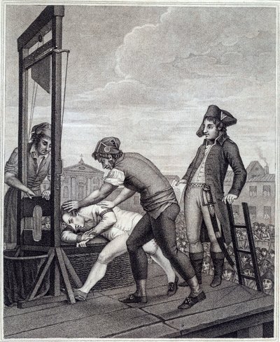 マクシミリアン・ド・ロベスピエール（1758-1794）の処刑は、1794年7月28日、コンコルド広場でギロチンを使って行われました。1799年頃。パリ、カルナヴァレ美術館（Musee Carnavalet 作： J. (after) Beys