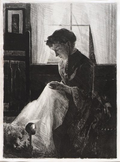 裁縫をする女性の横顔 作： J. Alden Weir