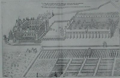 ガイヨン城と庭園（「フランスの最も美しいバスティメント」より、1570年代に出版された彫刻作品 作： J. Androuet  Ducerceau