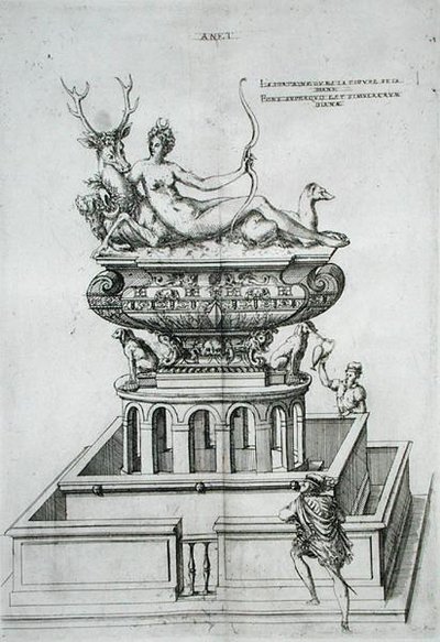 1570年代に出版された「Les Plus Belles Bastiments de France」の噴水のデザイン（エングレービング） 作： J. Androuet  Ducerceau