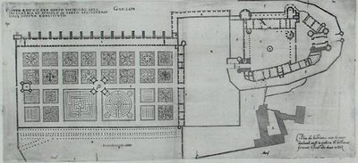 1570年代に出版された「フランスのプラス・ベル・バスティメント」に掲載されたガイヨン城と囲いのある庭園の平面図（エングレーヴィング 作： J. Androuet  Ducerceau