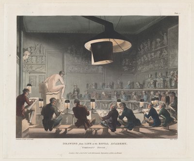 1808 年 1 月 1 日、サマセット ハウス、ロイヤル アカデミーでの生活からの描画., January 1, 1808. 作： J. Bluck