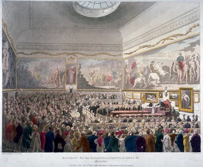 1809 年、ロンドン、ウェストミンスター、アデルフィ ビルディングでの芸術協会の会議 作： J Bluck