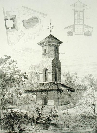 1880年頃に出版された「Constructions et Decorations pour Jardins」より、Chartrettesの家禽のためのシェルター（彫刻）。 作： J. Boussard