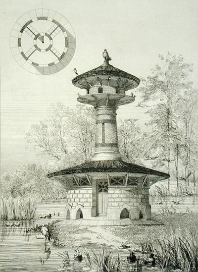 ポワシーの水鳥のための避難所、1880年頃出版の「Constructions et Decorations pour Jardins」より（エングレービング） 作： J. Boussard