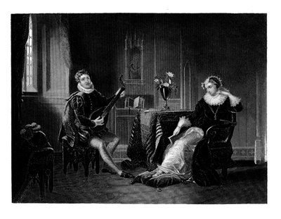 スコットランドのメアリー女王にリュートを奏でるシャテラ、1560年代、1860 作： J. C. Armytage