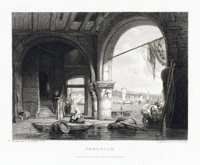 トルチェッロ島（ヴェネツィア、イタリア）の眺め。クラークソン・スタンフィールド（1793-1867）の後、ジェームズ・チャールズ・アーミテージ（1820-1897）によるエングレーヴィング。 作： J. C. Armytage