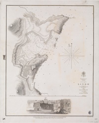 ロードス島I.アーキペリゴ、ポート・リンド、トーマス・グレイブス船長測量、HMS「ビーコン」1842年 作： J. & C. Walker