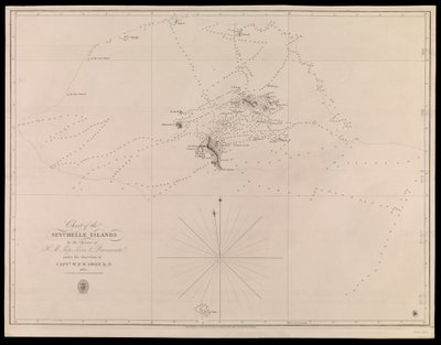 1825年、W.F.W.オーウェン海軍少佐の指示の下、リーベン号とバラクータ号の航海士によるセイシェル諸島の海図。 作： J. & C. Walker