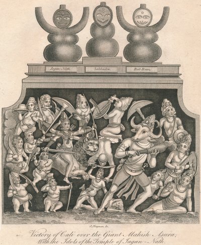 Jagan-Nathの寺院の偶像との巨大なマヒッシュアスラに対するカリの勝利、1809年。 作： J. Chapman