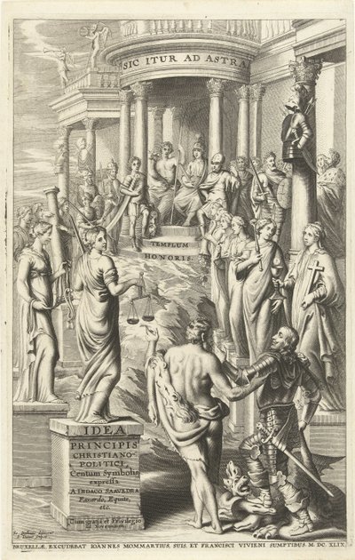 ヘラクレスは人を過去の美徳の擬人化から永遠の名声の神殿へと導く タイトルページ: Idea principis christiano-politica, Centum Symbolis expressa, Brussels 1649 (オブジェクトのタイトル) 作： J. Danoot