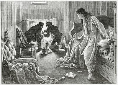 1872年3月23日、 『アップルトンズジャーナル』のスリラー犯罪物語「傷跡の物語」のイラストを枕元から非常に柔らかく上げ、枕の下から短剣を描きました。 作： J. Filmer