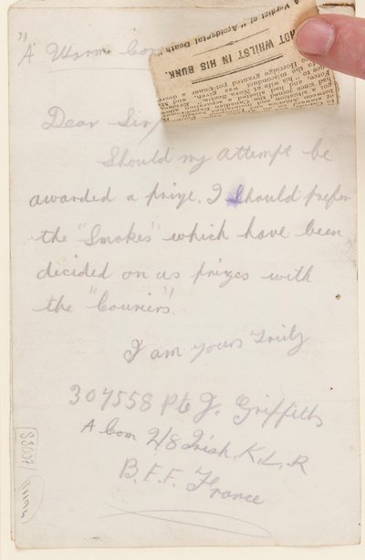 1917年のリバプールウィークリークーリエのコンテスト編集者への手紙 作： J. Griffiths