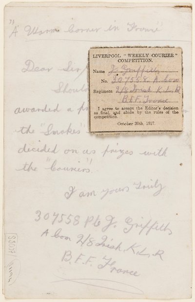 1917年のリバプールウィークリークーリエのコンテスト編集者への手紙 作： J. Griffiths