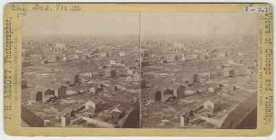 1871年、1871年のシカゴ火災後のウォータータワーからの北北西のビューのステレオグラフ（カードマウントのbw写真） 作： J. H. Abbott