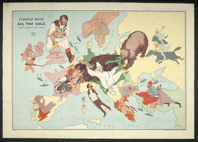 「ヨーロッパのレヴューがイーグルを殺す」と題されたヨーロッパ戦争地域の漫画地図 作： J. H. Amschewitz