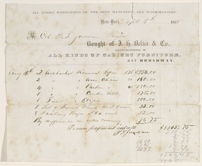 1855年9月5日、大佐BSヨルダンへの販売の請求書（紙にインク） 作： J. H. Belter and Co. J. H. Belter and Co.