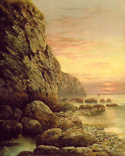 日没時の崖のある海景、1889年 作： J. H. Blunt