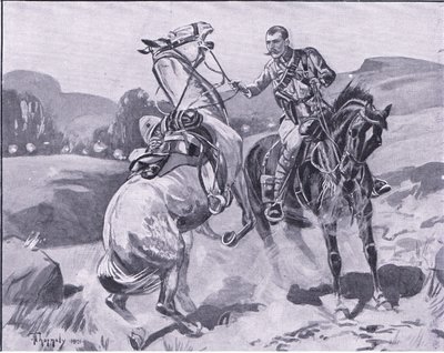 ブラウン少佐、第14 Hussars、重火の下でリートブラウンの馬を保持、イラストfromプレトリア後：ゲリラ戦争、1902 作： J. H. Thorneley
