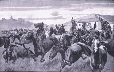 プレトリア後のブラームフォンテインでリマウントデポを襲撃するボーアーズ：1901年にハームズワースブロスリミテッドから出版されたゲリラ戦争 作： J. H. Thornely