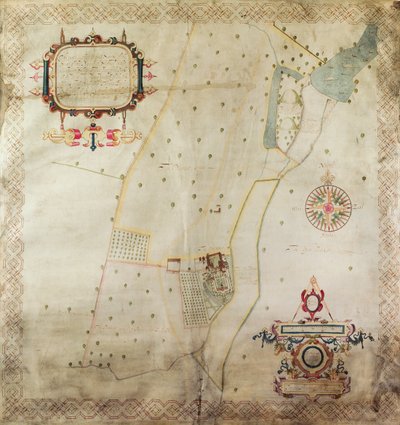 シフナルマナーの地図、シュロップシャー、1635（ベラムのインクと色） 作： J. Harrison