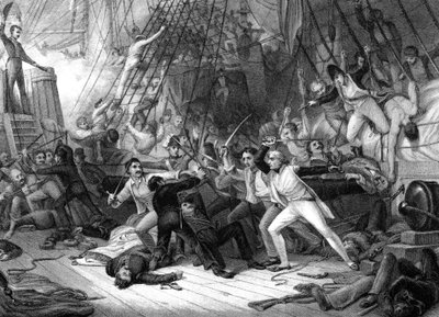 ネルソンがサンジョセフに搭乗、ケープセントビンセント岬の戦い、1797年。 作： J. J. Crew