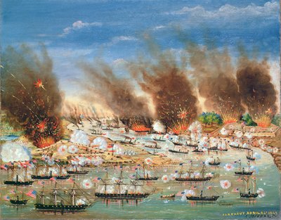 1862年にジャクソン砦とセントフィリップ砦を通過したファラガット艦隊 作： J. Joffray