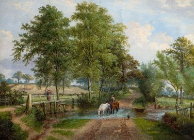 小川に馬がいる田園風景、1870年代。 作： J. Jolly